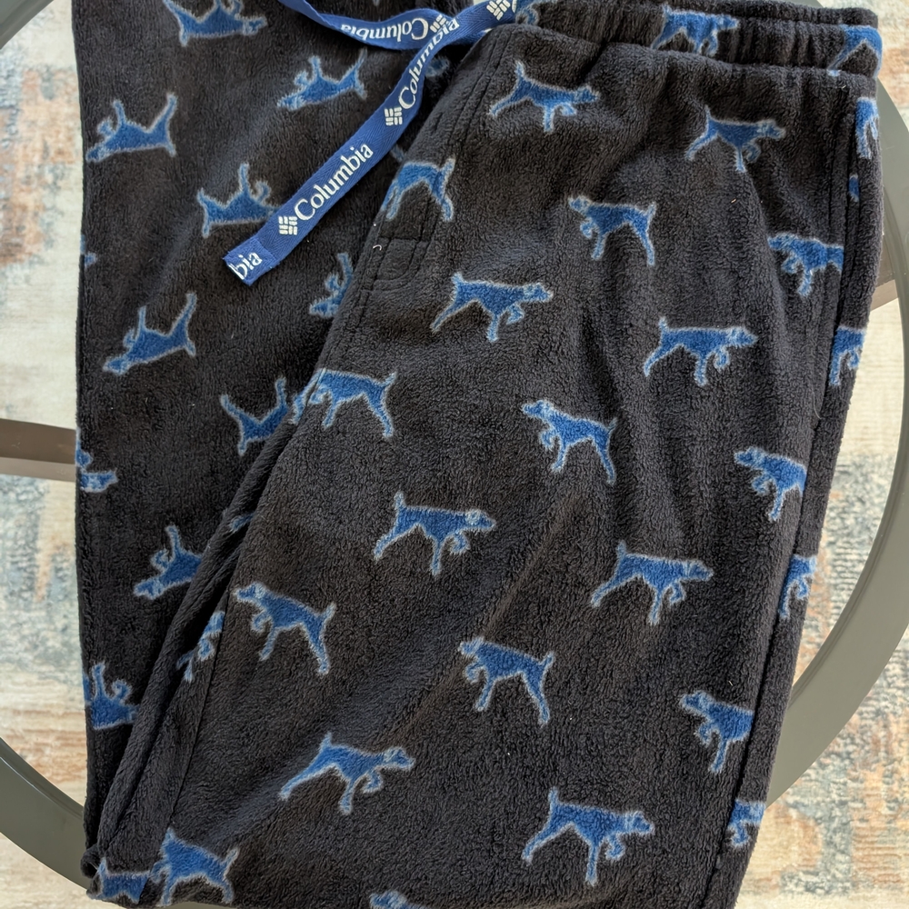 Columbia Black and Blue Pajama Bottoms with Playful Dog Pattern
